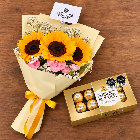 Ramo de 3 Girasoles y Ferrero Rocher (8 un.)