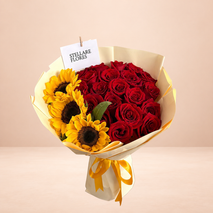 Ramo Solare de 24 Rosas Rojas y 3 Girasoles